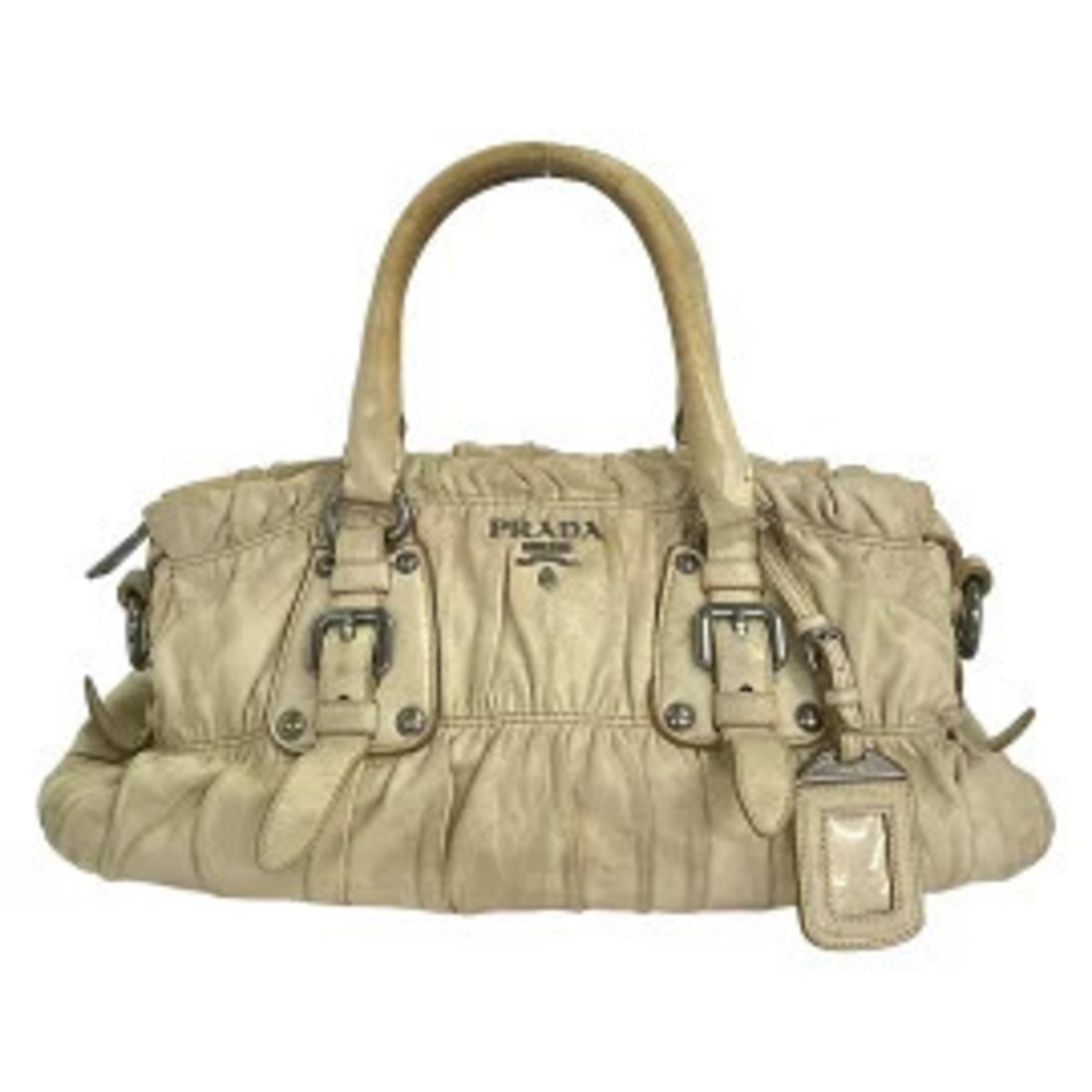 Prada Gathered 2Way Leather Shoulder Bag Beige Pink Tan